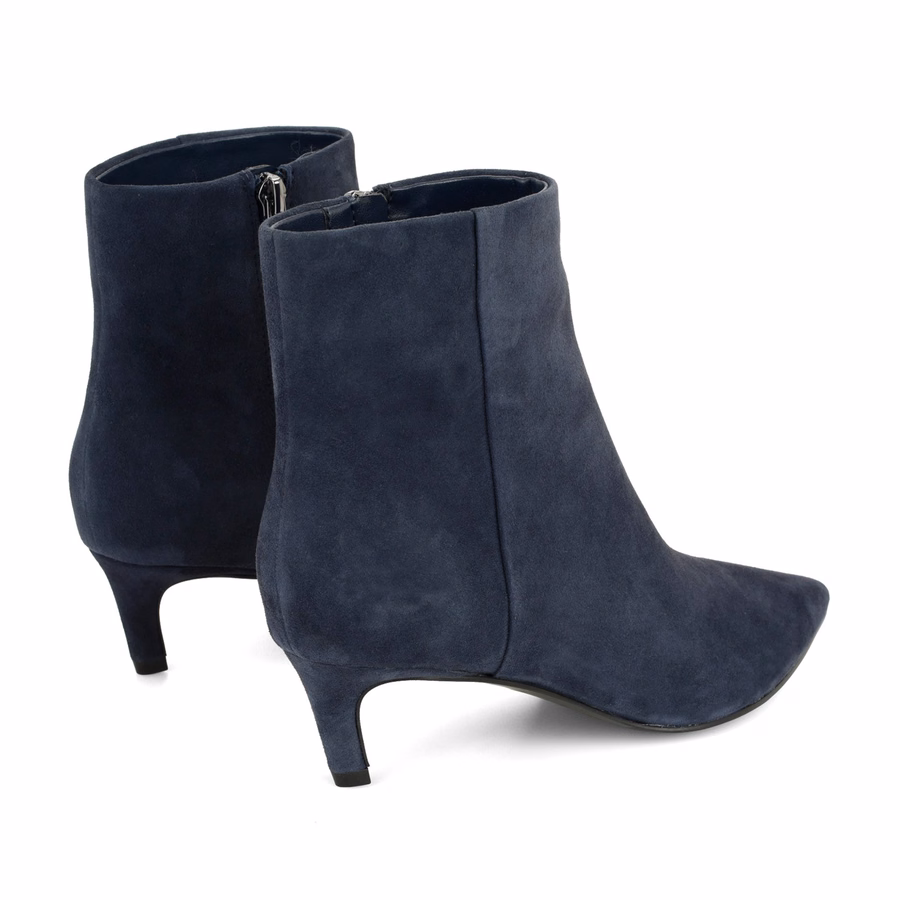 Brite Kitten Heel Ankle Leather Booties - Navy Blue Suede