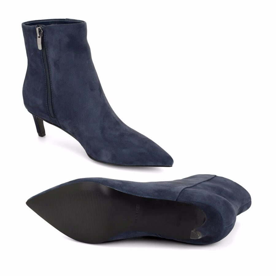 Brite Kitten Heel Ankle Leather Booties - Navy Blue Suede