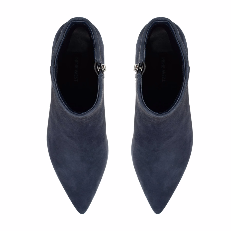 Brite Kitten Heel Ankle Leather Booties - Navy Blue Suede