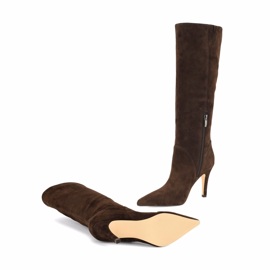 Korin Wide Calf Knee High Leather Boots - Dark Brown Suede