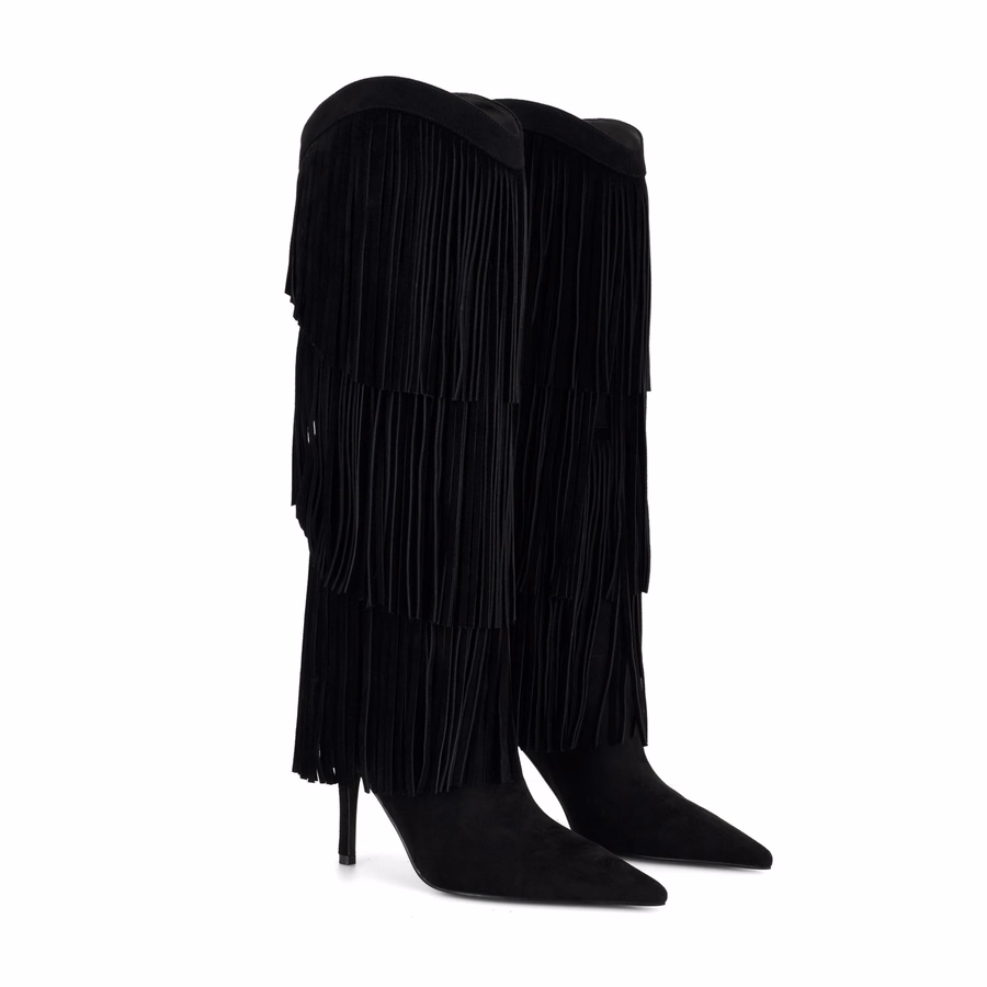 Genviv Leather Fringe Boots - Black Suede