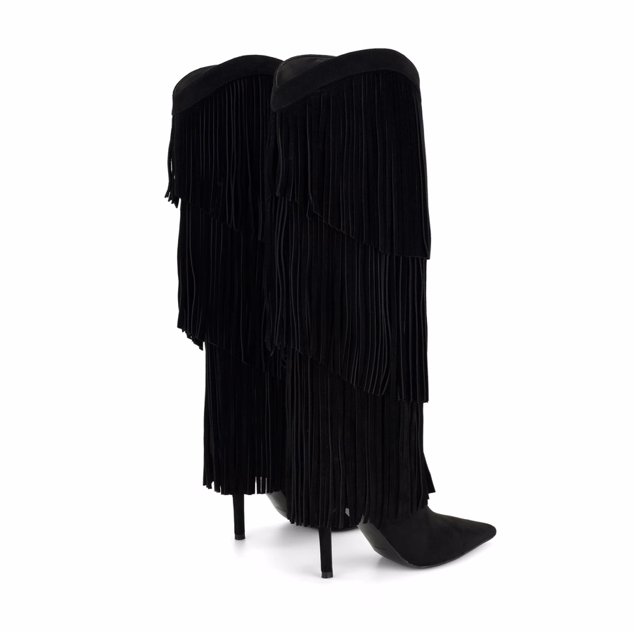 Genviv Leather Fringe Boots - Black Suede
