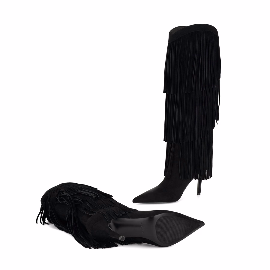 Genviv Leather Fringe Boots - Black Suede