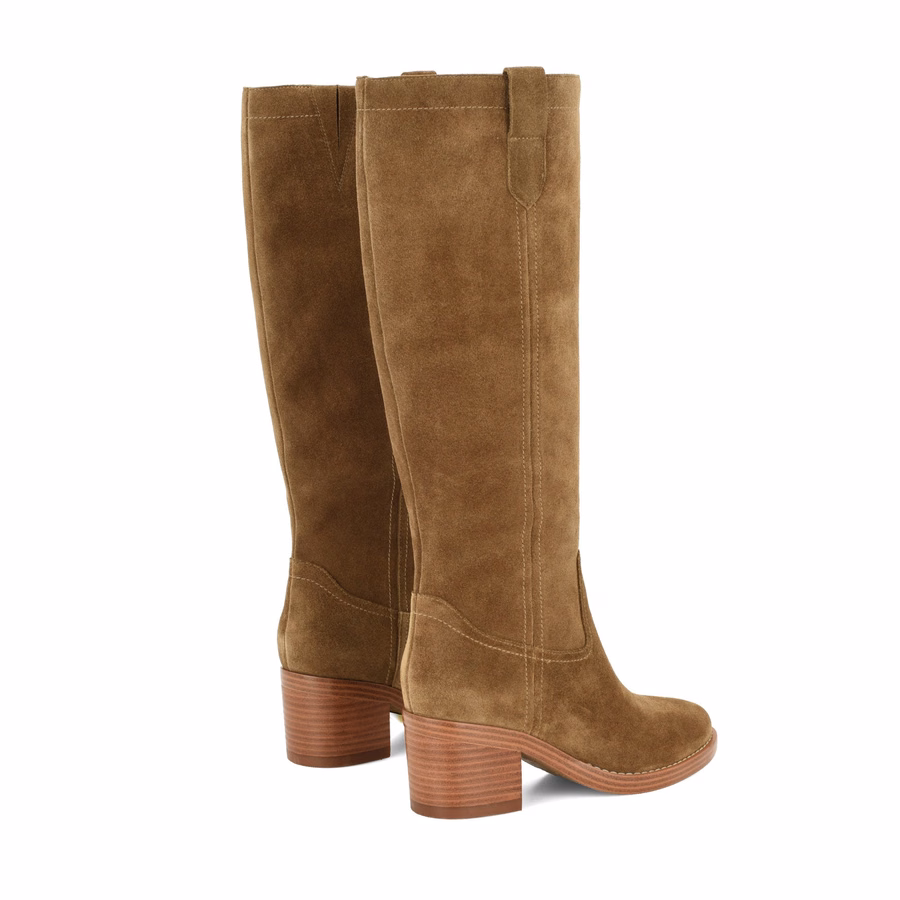Hecee Block Heel Tailored Leather Boots - Medium Tan Suede