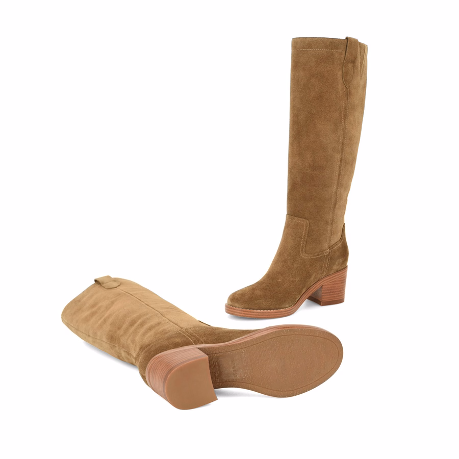 Hecee Block Heel Tailored Leather Boots - Medium Tan Suede