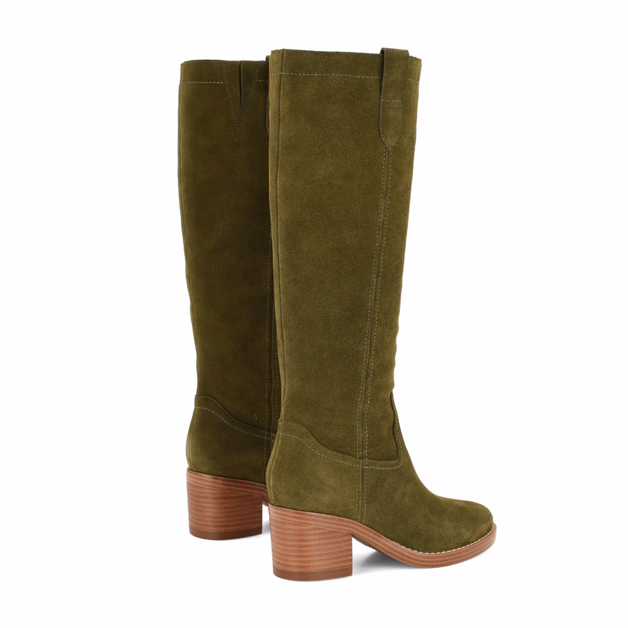 Hecee Block Heel Tailored Leather Boots - Olive Green Suede