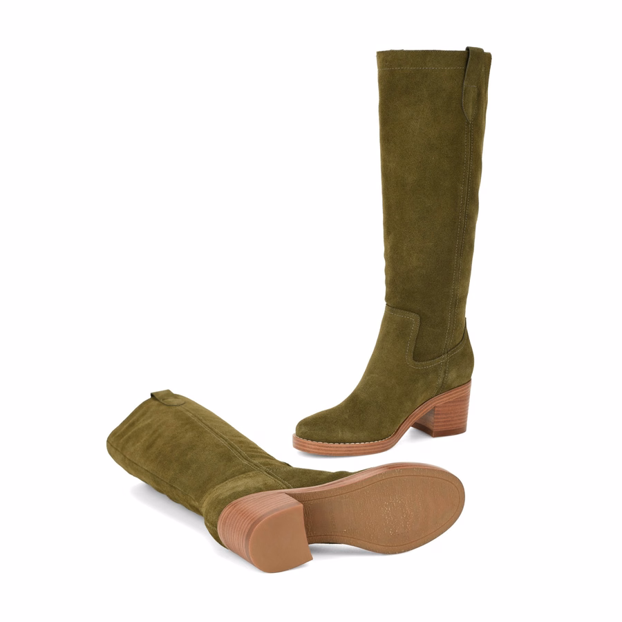 Hecee Block Heel Tailored Leather Boots - Olive Green Suede