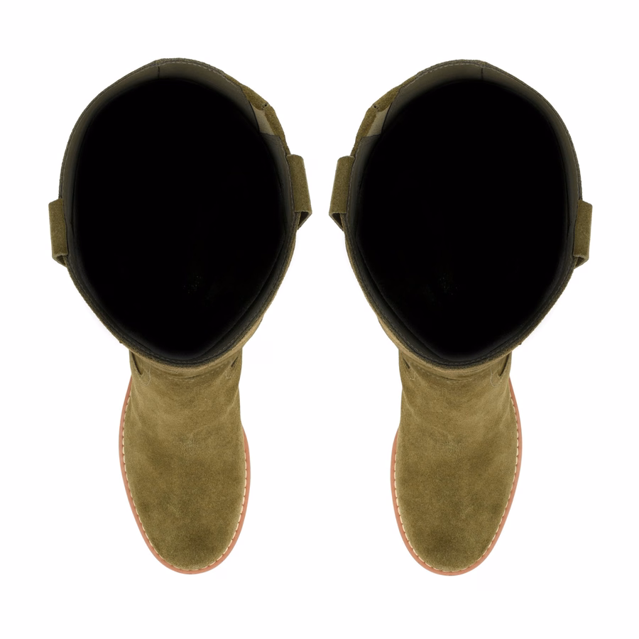 Hecee Block Heel Tailored Leather Boots - Olive Green Suede