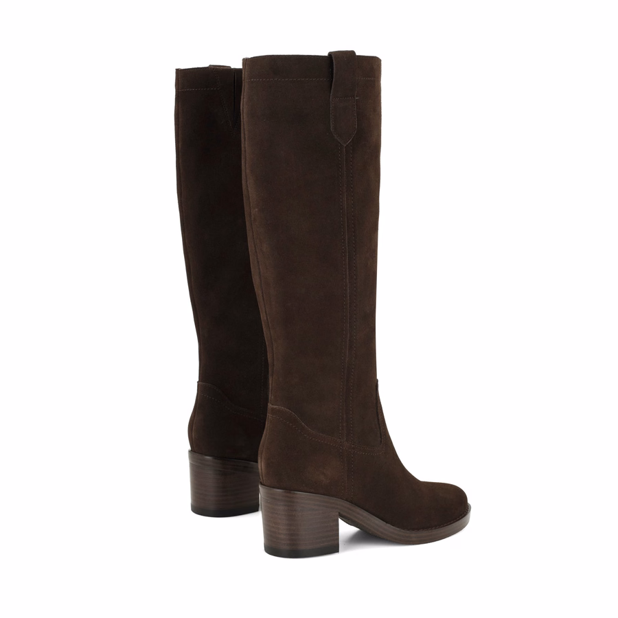 Hecee Block Heel Tailored Leather Boots - Chocolate Brown Suede