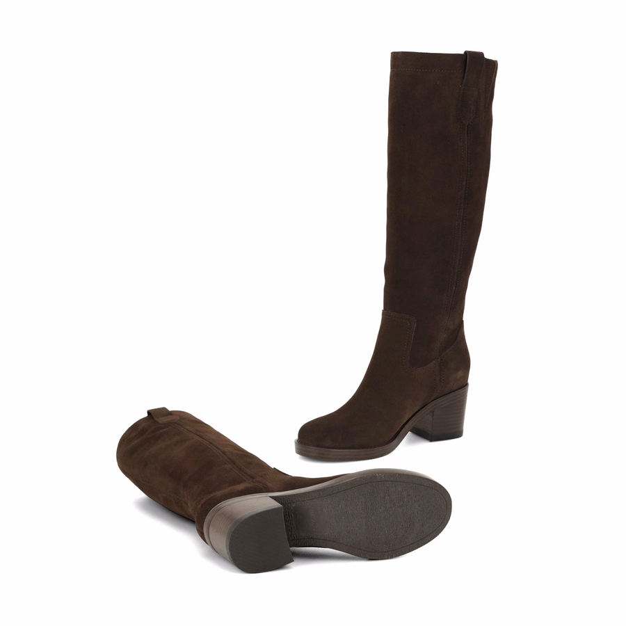 Hecee Block Heel Tailored Leather Boots - Chocolate Brown Suede