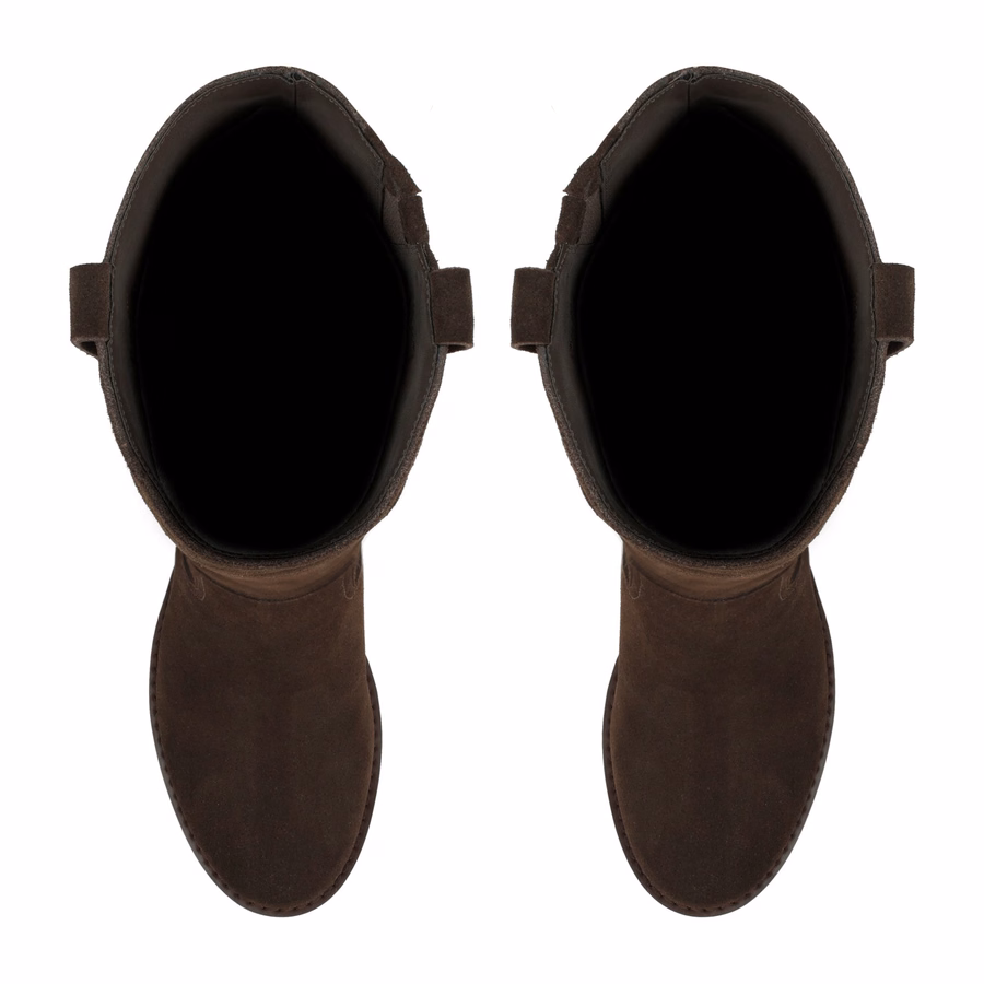 Hecee Block Heel Tailored Leather Boots - Chocolate Brown Suede