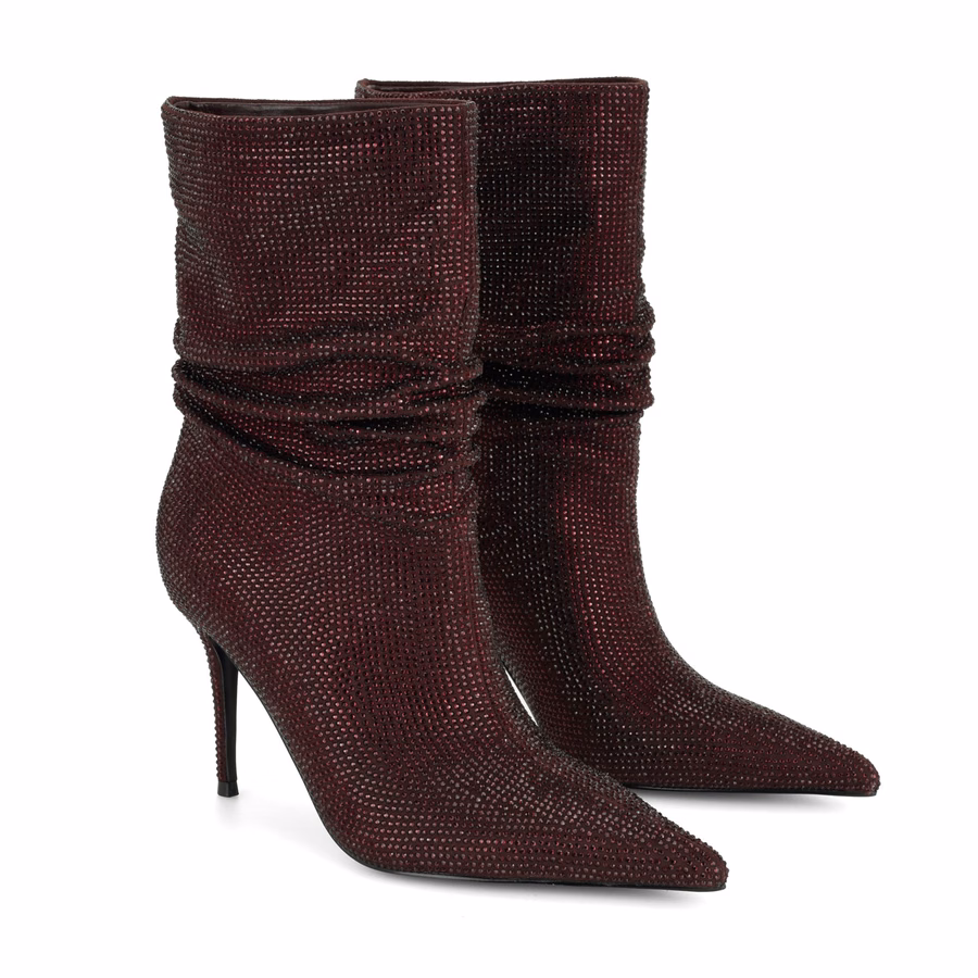 Glamsta Rhinestone Slouch Booties - Burgundy Rhinestone
