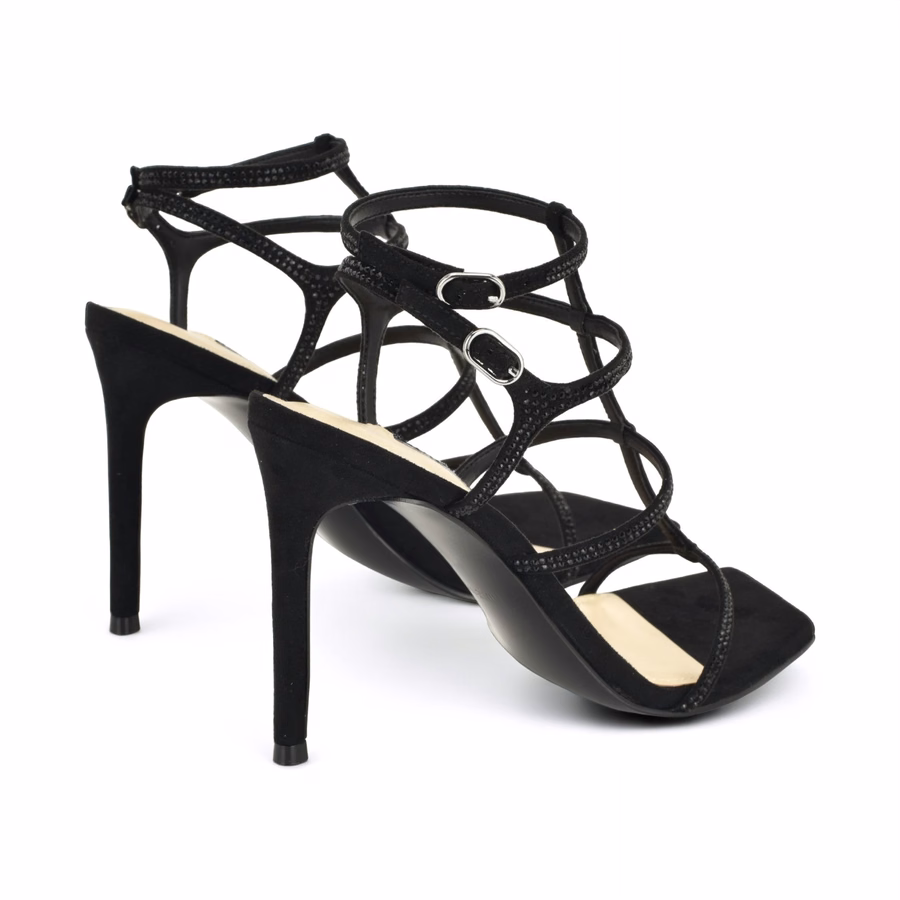 Wilma Strappy Heeled Sandals - Black Rhinestones