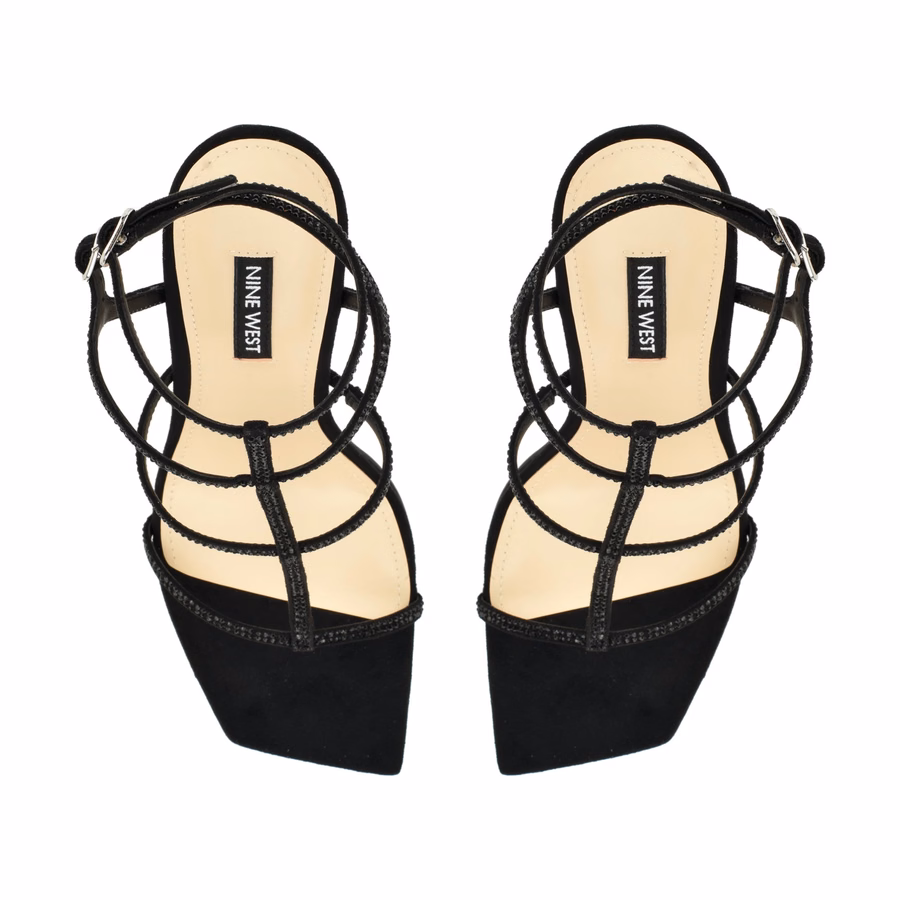 Wilma Strappy Heeled Sandals - Black Rhinestones
