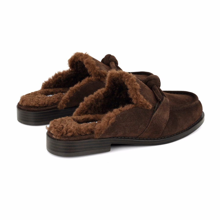 Mavey Lined Leather Knotted Mules - Dark Brown Suede