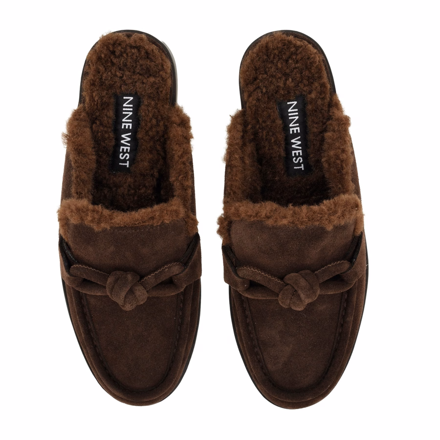 Mavey Lined Leather Knotted Mules - Dark Brown Suede