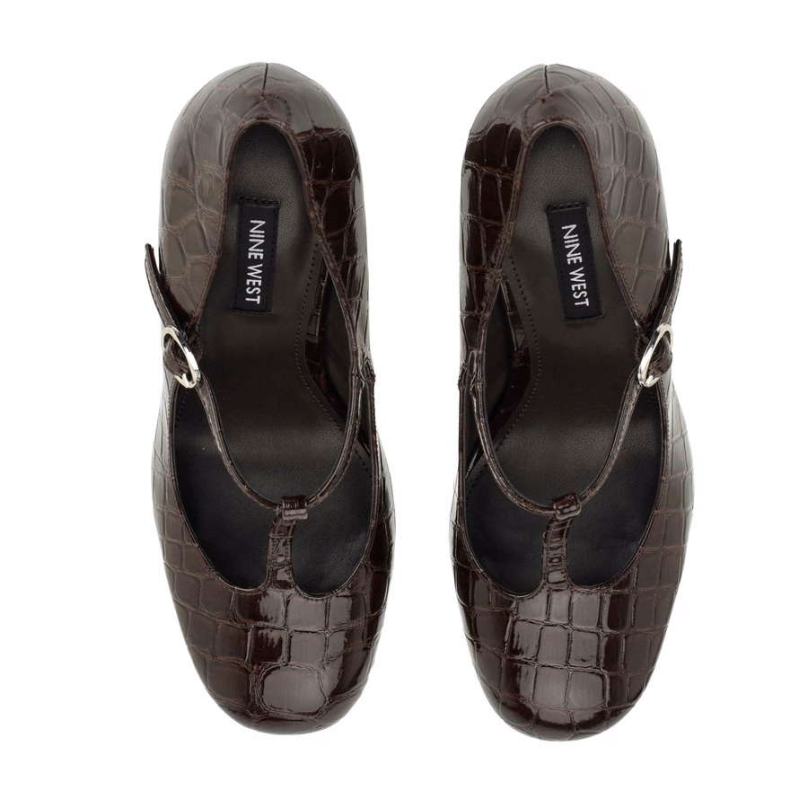 Daphni T-Strap Platform Pumps - Brown Embossed Croco