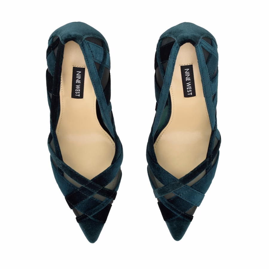 Farella Pointy Toe Pumps - Teal Velvet/Mesh