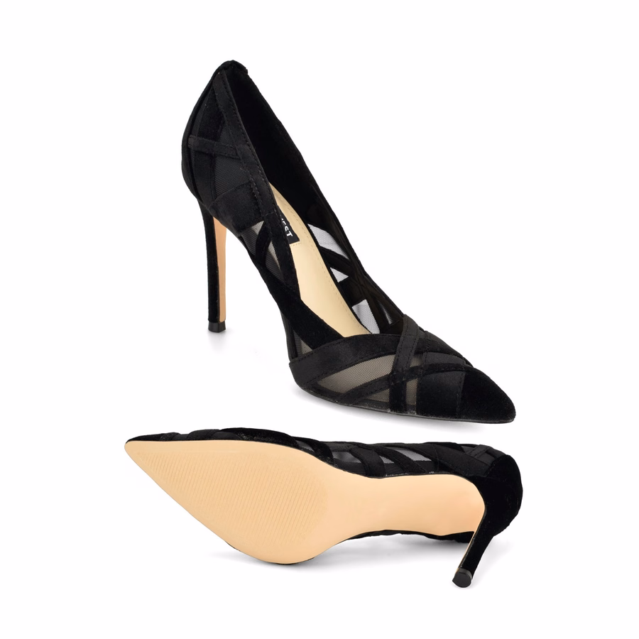 Farella Pointy Toe Pumps - Black Velvet/Mesh