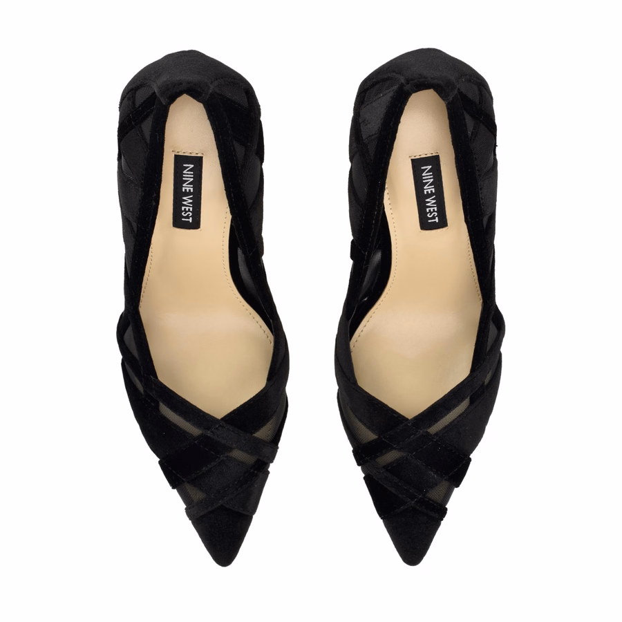 Farella Pointy Toe Pumps - Black Velvet/Mesh