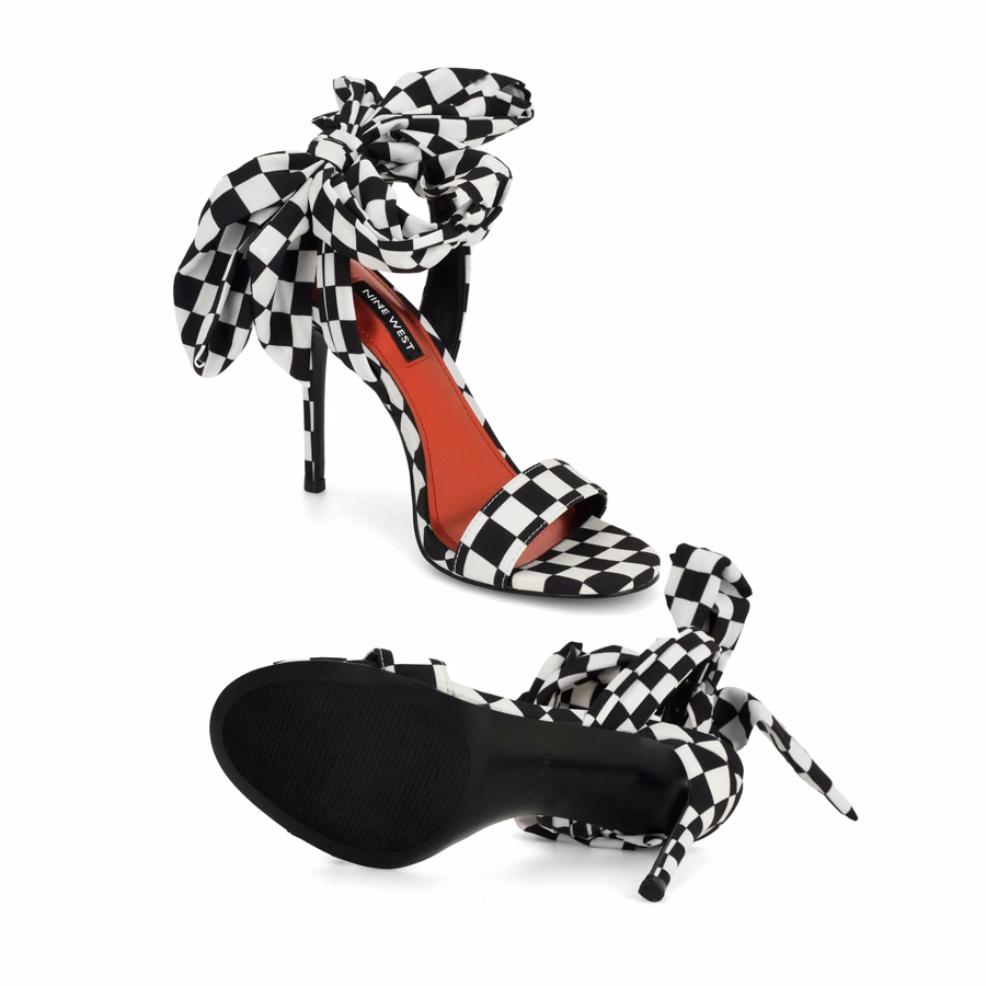 Maddie Ankle Wrap Sandals - Black and White Checker