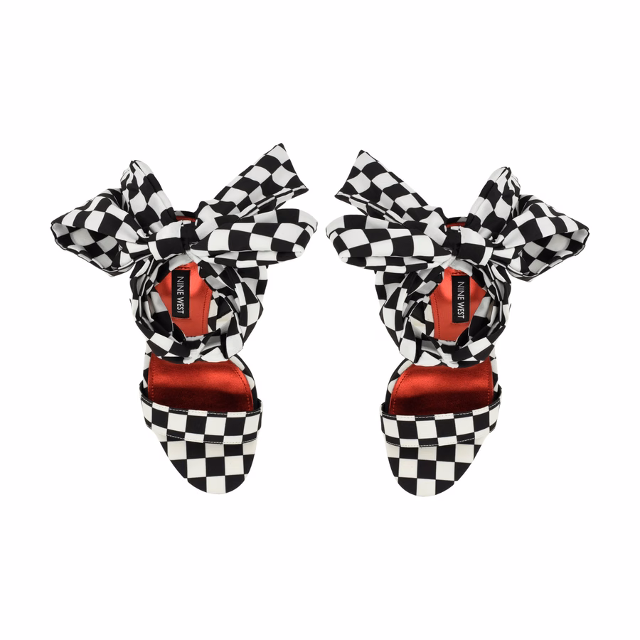 Maddie Ankle Wrap Sandals - Black and White Checker